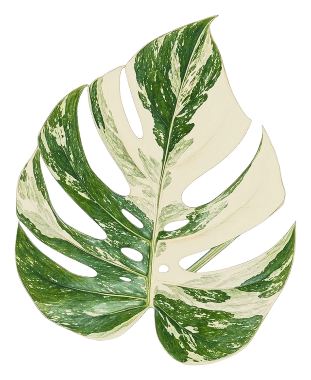 Botanical plate of Monstera deliciosa 'Albo Variegata' (white, sectoral)