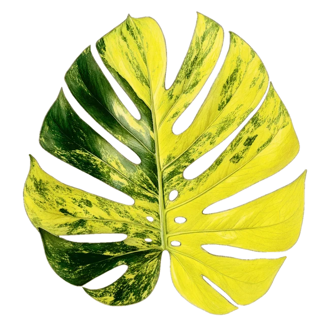 Botanical plate of Monstera deliciosa 'Aurea' (yellow variegated): one show leaf