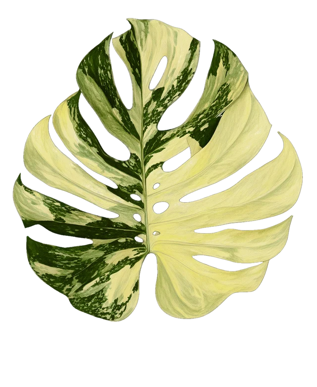 Botanical plate of Monstera deliciosa 'Thai Constellation Crème Brûlée'