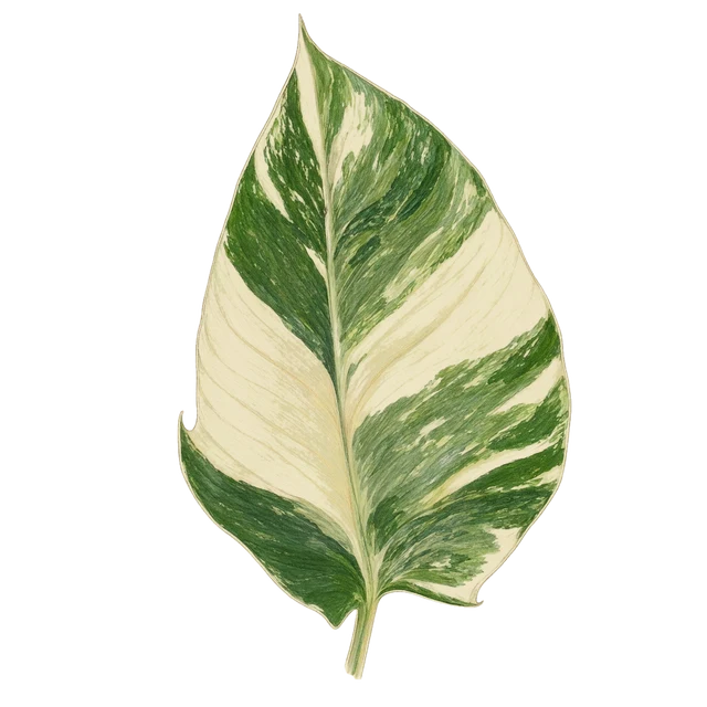 Botanical plate of Philodendron 'Green Congo' Variegata (green = mass-market, not tracked): one show leaf