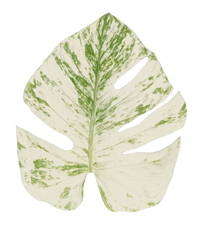 Botanical plate of Monstera deliciosa 'White Monster': one show leaf